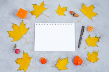 Boş bir günlük defteri, gri beton masada takvim ve sarı yapraklar. İş planlaması konsepti, günlük rutin, sonbahar için planlar yapmak. Uzayı kopyala Sonbahar bileşimi.