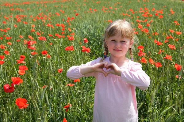 Pretty little girl made Gesture of love in poppy field. The concept of joy of life, happiness, success