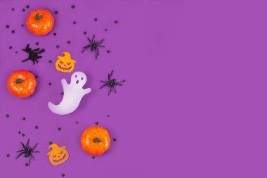 Halloween decorations pumpkins spiders with black confetti on violet background. Flat lay. Top view with copy space. Halloween concept.