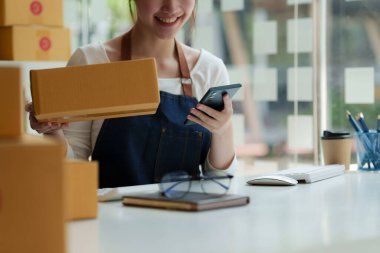 Asyalı küçük işletme sahibi ev ofisinde çalışıyor. Ticari perakende pazarı ve çevrimiçi pazarlama dağıtımı, KOBİ e-ticaret kavramı.