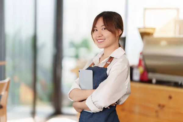 Asian Barista cafe owner smile while cafe open. SME entrepreneur seller business concept. — 스톡 사진