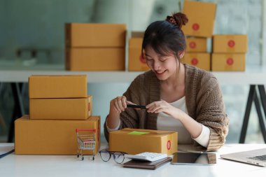 Asyalı küçük işletme sahibi ev ofisinde çalışıyor. Ticari perakende pazarı ve çevrimiçi pazarlama dağıtımı, KOBİ e-ticaret kavramı.