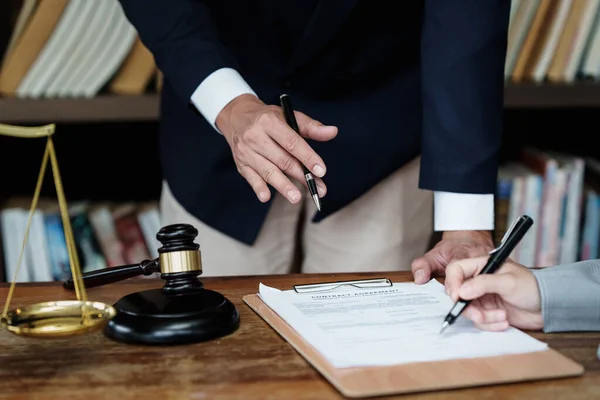 Business Woman Lawyers Discussing Contract Papers Brass Scale Wooden Desk — Stock Photo, Image