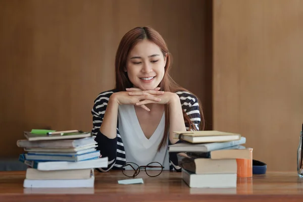 Back School Concept Young College Woman Reading Book Library — Stockfoto