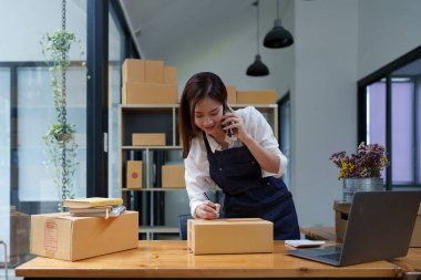 Attractive Asian entrepreneur business woman checking order.