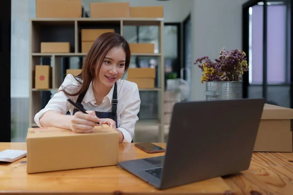 Attractive Asian Entrepreneur Business Woman Checking Order — Stockfoto