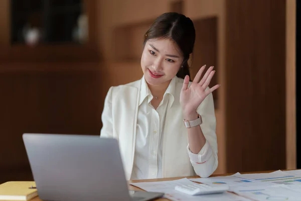 Businesswoman Having Video Call Laptop While Discussion Business Partner — 스톡 사진