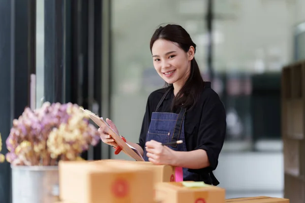 Portrait Modern Asian Sme Business Woman Entrepreneur Home Office — Foto de Stock