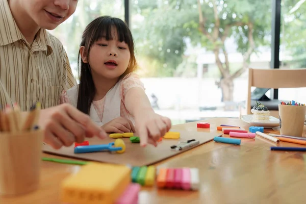 Adorable Little Girl Father Playing Colorful Plasticine Handmade Skills Training — 图库照片