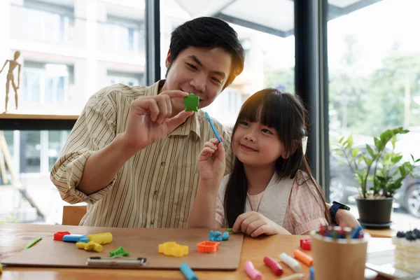 Adorable Little Girl Father Playing Colorful Plasticine Handmade Skills Training — 图库照片