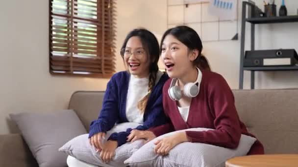 Two Young Woman Cheering Together Sport Cozy Living Room Home — Stock Video