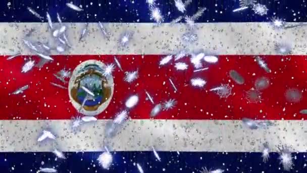Costa Rica lengő zászló és hóesés ciklikus háttér karácsony és újév, hurok — Stock videók