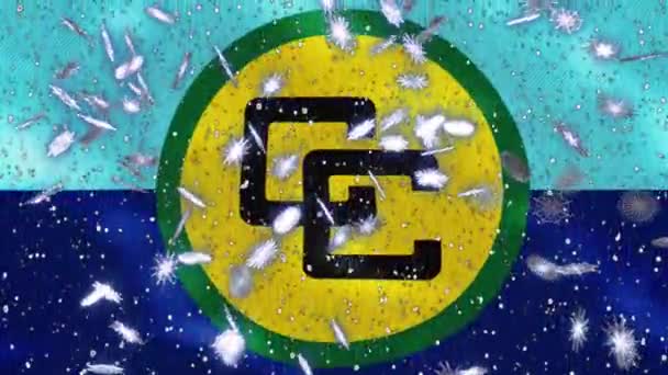Karibische Gemeinschaft schwenkt Flagge und Schneefall zyklischer Hintergrund für Weihnachten und Neujahr, Schleife — Stockvideo
