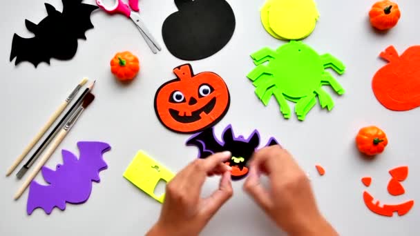 Cuts Paper Halloween Hand Cut Paper Pumpkins Scissors Glue Light — Stock Video