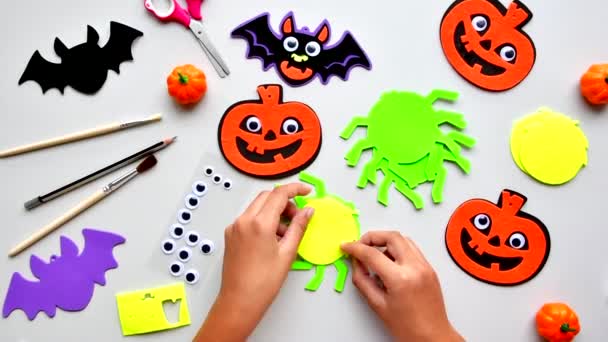 Cuts Paper Halloween Hand Cut Paper Pumpkins Scissors Glue Light — Stock Video