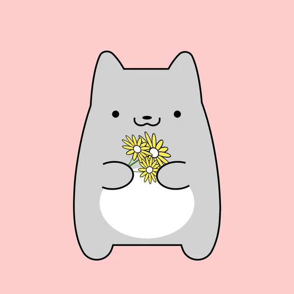 Gatinho Bonito Com Buquê Flores Suas Patas Fundo Rosa Imagem —  Vetores de Stock