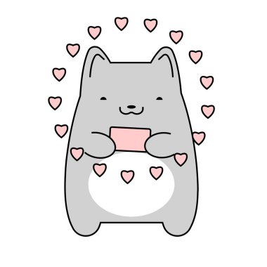 Akıllı telefonu ve beyaz arka planı olan kalpleri olan bir kedi. Vektör illüstrasyonu