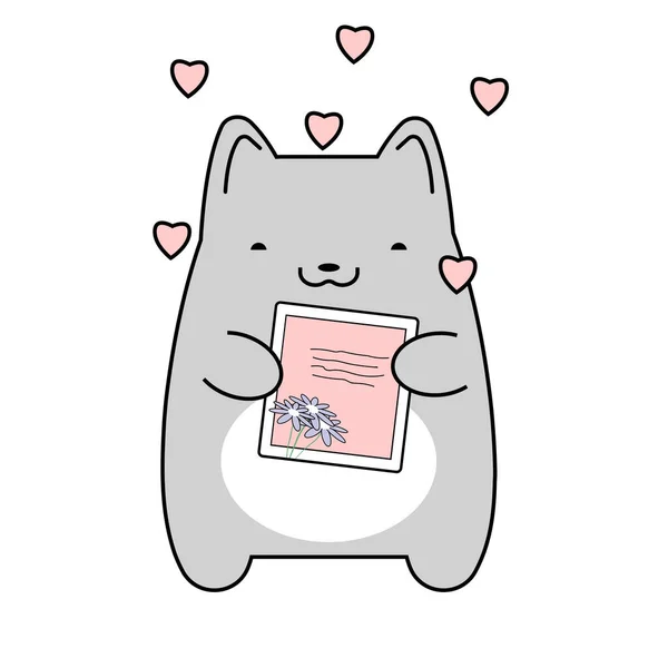 Gatito Con Una Postal Corazones Sobre Fondo Blanco Ilustración Vectorial — Archivo Imágenes Vectoriales