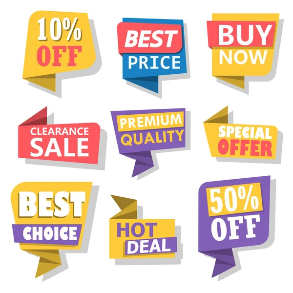 Set Different Stickers Sale Discount Stock Quality Assurance Vector Illustration — Stock Vector