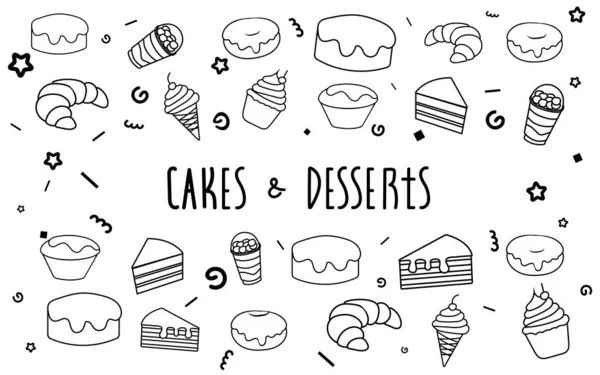 Set Different Sweet Desserts Cupcakes Black White Vector Image — Stock Vector