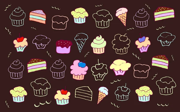 Zet Doodle Desserts Muffins Gebak Een Donkere Achtergrond Vectorillustratie — Stockvector