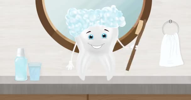 Анимация Счастливого Зуба Чистящего Себя Зубной Щеткой Разрешение Альфа Канал — стоковое видео