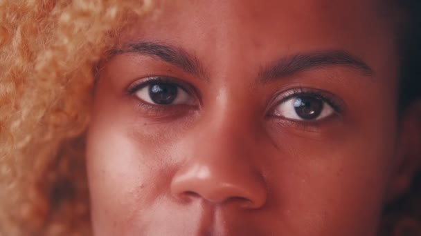 Close up African American woman blinking brown color eyes looking at camera — Stock Video