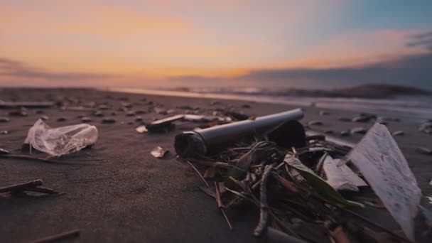 Пластикова пляшка лежить на пляжі і забруднює океан і життя морських організмів.. — стокове відео