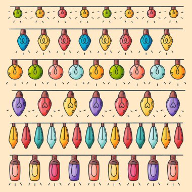 Noel ışıkları koleksiyonu, vektör çizimi. Sevimli çizgi film el çizimi tarzı