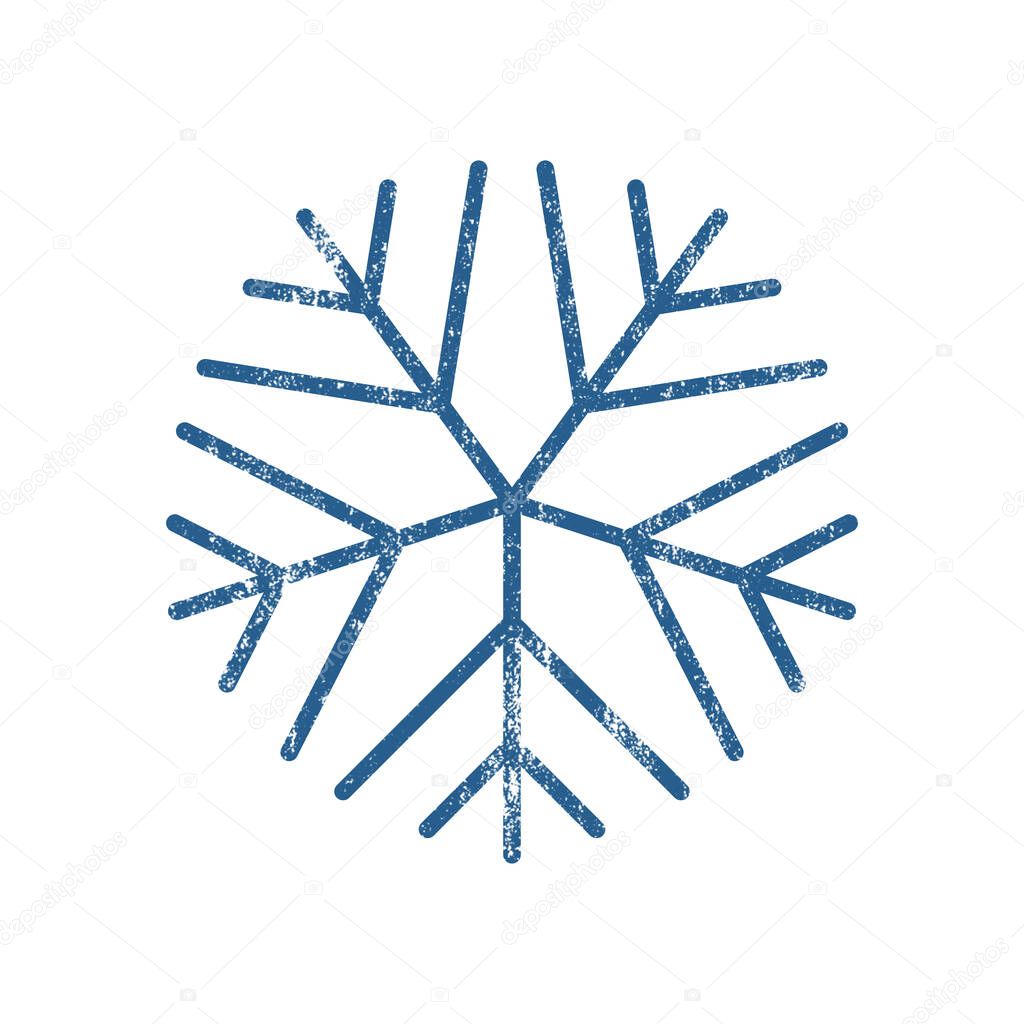 Christmas decoration design element  blue snowflake with snow textured effect. Xmas symbol, new year minimalist symbol for festive banner, holiday card, frost postcard, celebration poster, sale flyer