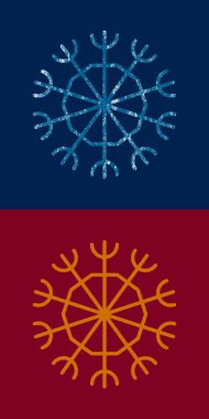 Koyu mavi arka planda açık mavi kar tanesi. Burgonya rengi arka planda altın kar taneleri. Noel süsleri. Xmas sembolü, bayram afişi için yeni yıl minimalist simgesi, tatil kartı.