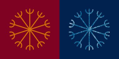 Koyu mavi arka planda açık mavi kar tanesi. Burgonya rengi arka planda altın kar taneleri. Noel süsleri. Xmas sembolü, bayram afişi için yeni yıl minimalist simgesi, tatil kartı.