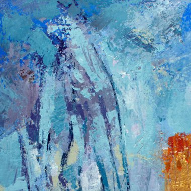 Tuval üzerinde mavi yağlı boya tablo. Orijinal soyut akrilik turuncu boya. Altın kalınlığında macun. Gerçek altın folyo dokusu. Psikoloji konsepti için güzel sanat afişi, klasik müzik teması. Sanatsal renk arkaplanı.