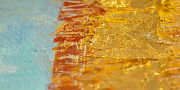 Blaues Ölgemälde Auf Leinwand Originale Abstrakte Acrylfarbe Orange Gold Dicke — Stockfoto