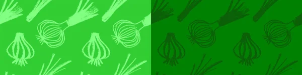 ベクトル玉ねぎのパターンシームレス 緑のエシャロットのイラスト ビーガンレストランの装飾 菜食主義者の背景 自家製料理の背景 食品ラベルやバナーの野菜壁紙 球根玉ねぎ図 — ストックベクタ