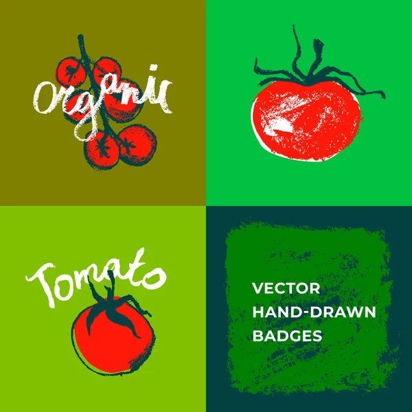 Vector Veganistische Badges Handgetekende Tomaten Symbolen Biologische Tomaat Gezond Vegetarisch — Stockvector