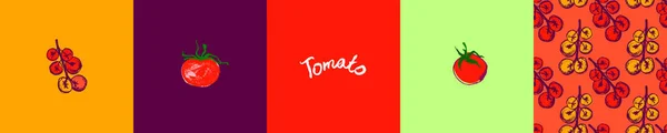 ラベルトマトペースト 農業ロゴ トマトジュース包装のためのチェリートマトシームレスパターンを持つベクトルアイコンセットとデザイン要素 手描きのベジタリアンシンボル 有機野菜の背景 ビーガンサイン — ストックベクタ