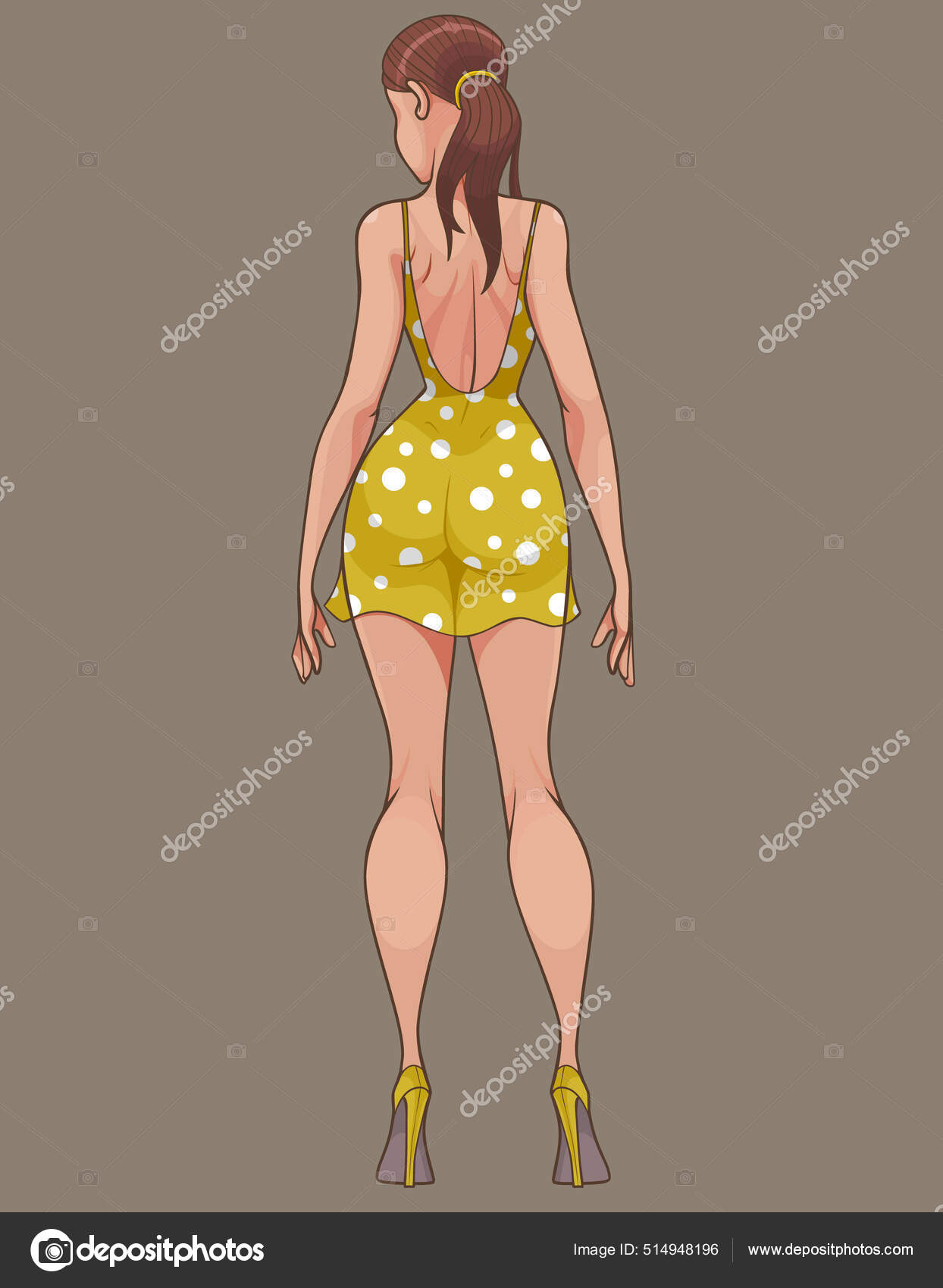 Mujer Dibujos Animados Vestido Corto Lunares Amarillos Con Tacones