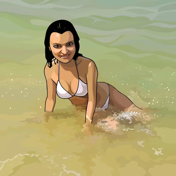 身着泳衣快乐地微笑着的卡通女郎躺在岸边的水里 — 图库矢量图片