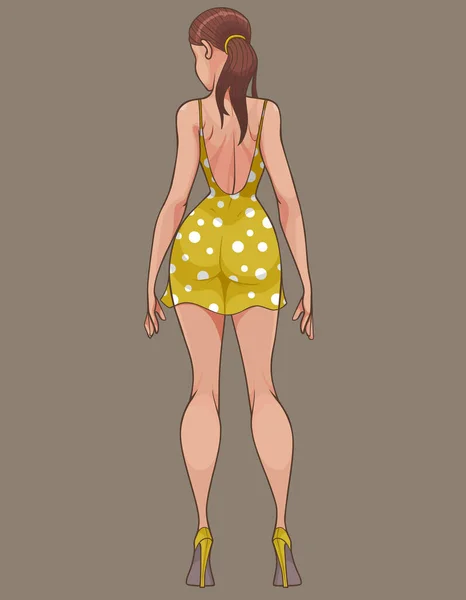 Cartoon Woman Short Yellow Polka Dot Dress High Heels Back — Stock Vector