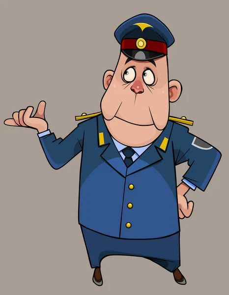 Witziger Karikaturist Polizeiuniform Gestikuliert Überrascht Mit Der Hand — Stockvektor