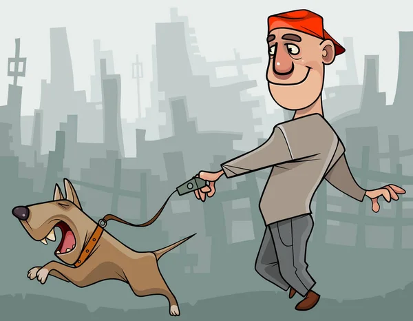 Hombre Dibujos Animados Conduce Perro Saltando Felizmente Con Correa Paseando — Archivo Imágenes Vectoriales
