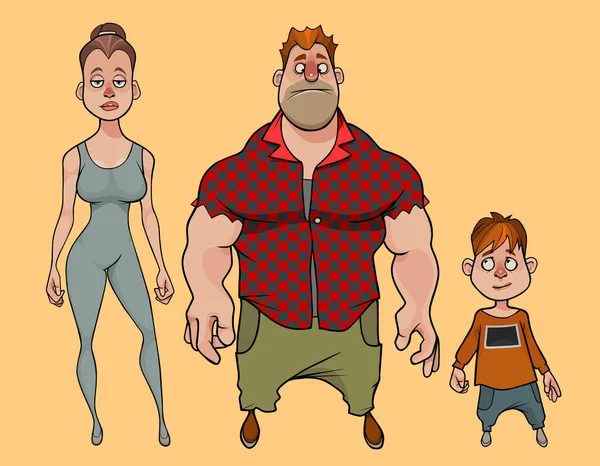 強いお父さんスポーツママと小さな息子の漫画の家族 — ストックベクタ