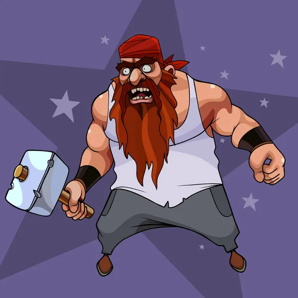 卡通片愤怒的大胡子海盗一边站在那里一边一边一边手拿着大锤大叫 — 图库矢量图片