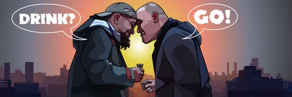 Deux Hommes Bande Dessinée Communiquent Agressivement Boire Tout Tenant Avec — Image vectorielle