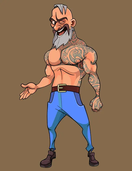 Cartone Animato Gioioso Barbuto Muscoloso Hipster Uomo Con Corpo Tatuato — Vettoriale Stock