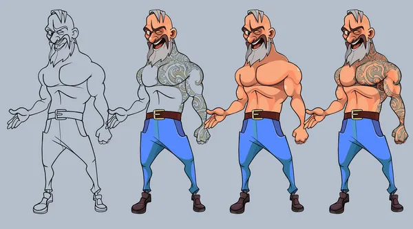 Conception Personnage Dessin Animé Joyeux Homme Musclé Barbu Dans Tatouage — Image vectorielle