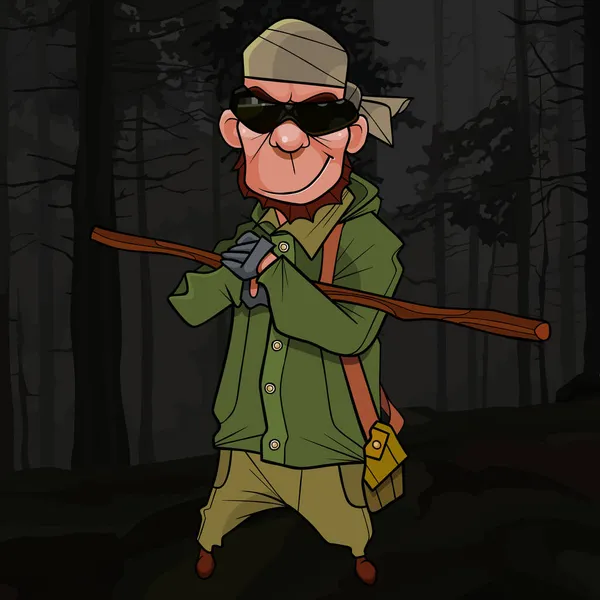 Cartoon Cool Man Scout Met Stok Staat Nachts Het Bos — Stockvector