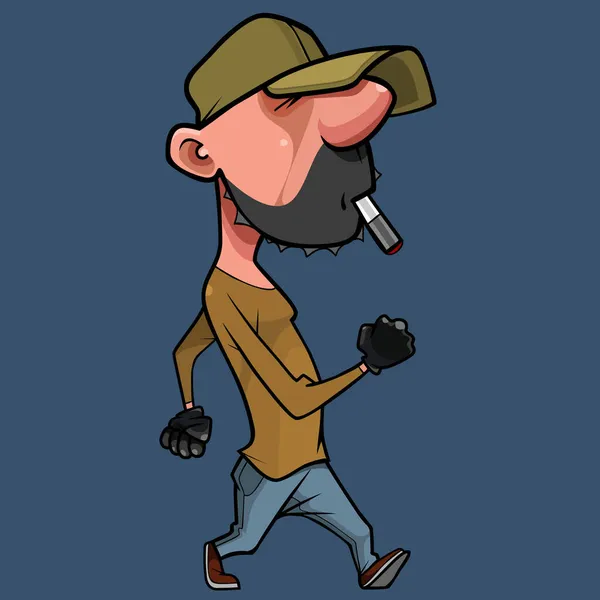 Cartoon Man Walking Cigarette His Mouth — Stock Vector