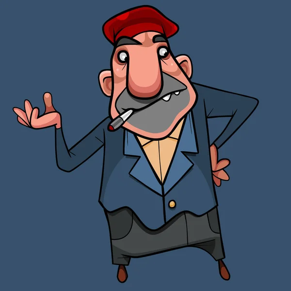 Hombre Dibujos Animados Una Boina Roja Cigarrillo Boca Gesto Importante — Archivo Imágenes Vectoriales